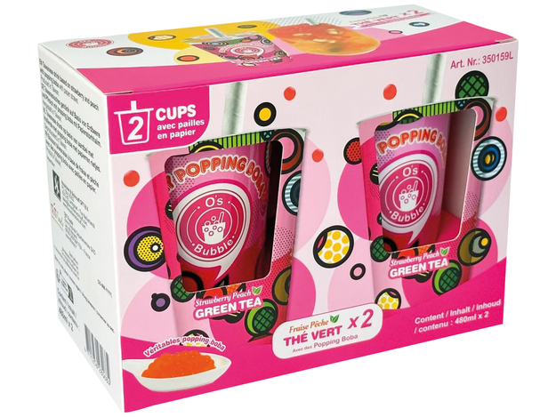[BL2013-197] Boiss. Popp.Boba fraise/pêche 480 Ml x2 O'S BUBBLE